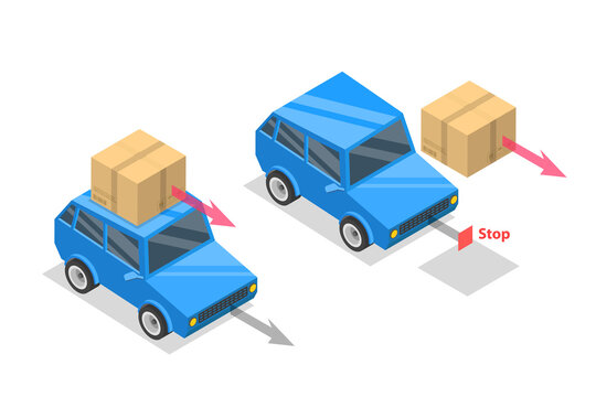 3D Isometric Flat  Illustration of Newtons First Law Motion, Educational Physic Example