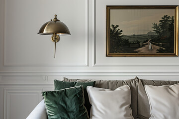 A closeup shot of the wall above an elegant sofa, featuring white wainscoting and a vintage brass lamp hanging on it. Background is a painting in the style of green velvet cushions, soft cream accents