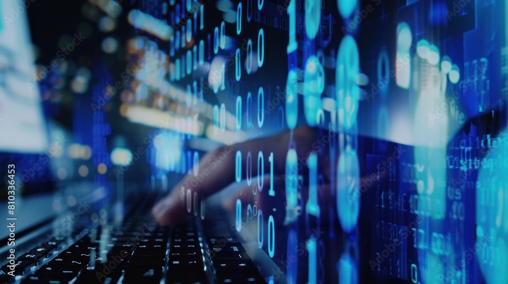 Poster hands typing on computer keyboard, with abstract code, online cyber attack, hack, threats and breach
