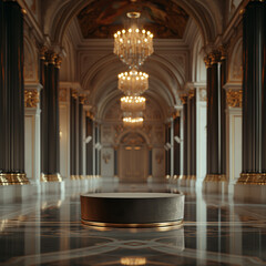 3D rendering of a long, empty hallway with marble floors, columns, and chandeliers.