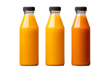 Three orange juice bottles with black caps