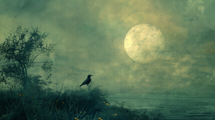Fototapeta premium A large black bird perches on a branch in a moonlit forest