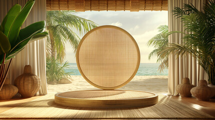 The image is a 3D rendering of a stage or platform made of natural materials such as wood and bamboo