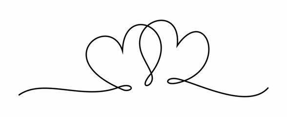 Continuous one line drawing of two hearts symbol. Hand drawing love icon. Two linked hearts.  