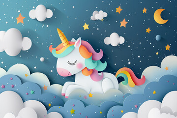 Cartoon unicorn with rainbow mane and tail sleeping on cloud in star sky.