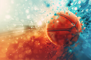 Flying basketball ball on colorful abstract background.