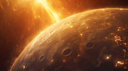 The image shows a planet with a glowing atmosphere. The planet is covered in craters and has a large moon orbiting it. The planet is bathed in the light of a nearby star.