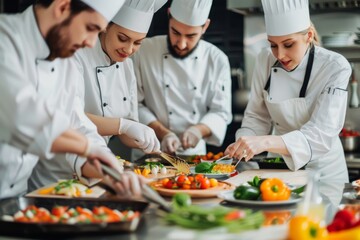 Chefs preparing dishes in a restaurant kitchen