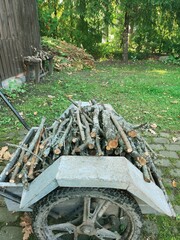 Rustic firewood stacked on metal cart in backyard, ready for cozy evening by fire pit. Warm glow from flames creates welcoming ambiance for family gatherings or quiet relaxation in the great outdoors.