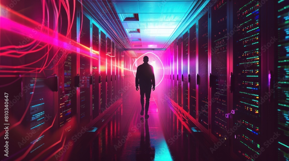 Poster man standing in server room of large data center. computer engineering and big data concept