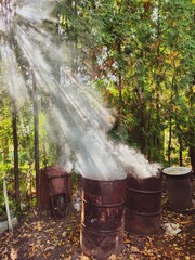 Burning grass and tree stems in metal barrels in summer cottages. Safety and fire problem concepts.