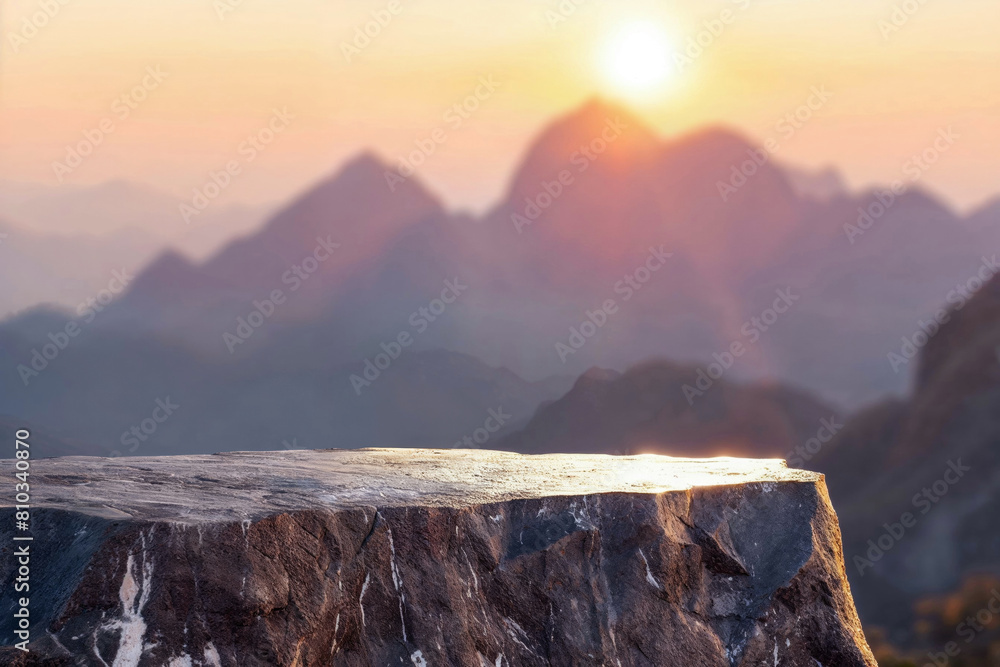 Aufkleber empty top of black stone surface with sunset and mountains background for product display montage. h