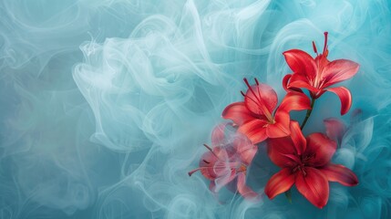 Studio shot photo of beautiful red lilies in light blue smoke on a light blue background AI generated - Powered by Adobe