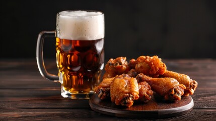 glass of fresh beer and fried chicken wings on wooden table on black background 