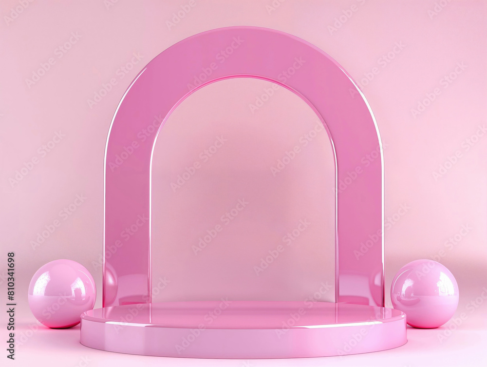 Aufkleber glossy pink arch podium with spherical elements on a pink background. perfect for product display in