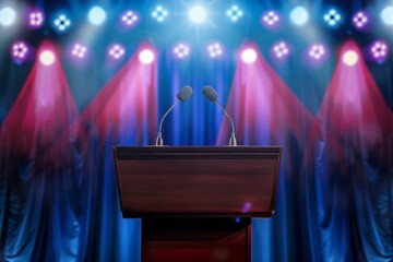 Empty stage with podium and two microphones under spotlight.