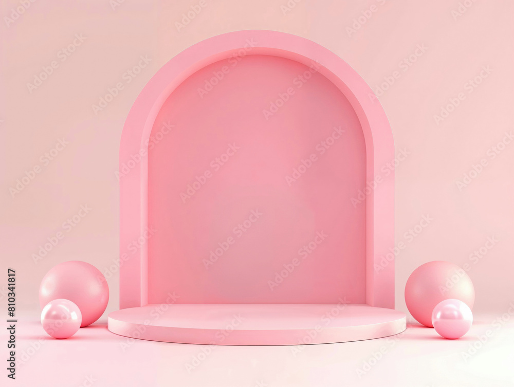 Aufkleber pink arched podium with spherical elements on a soft pink background. abstract minimalistic showcase