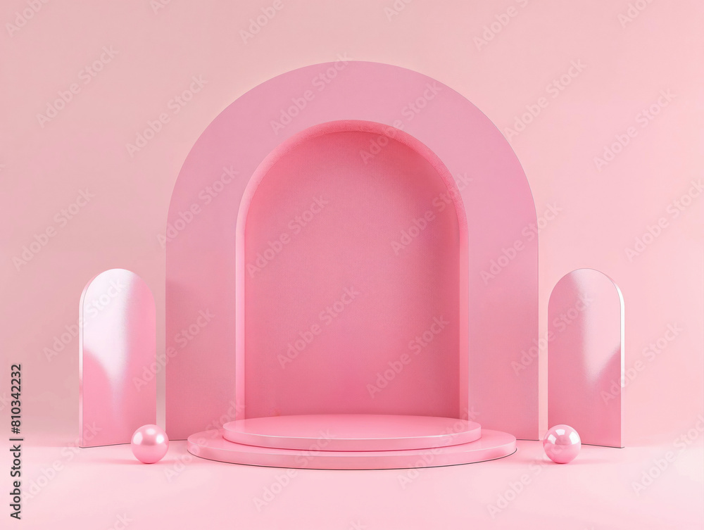 Poster pink arch podium with spherical accents on a matching pink background. modern minimalist product dis
