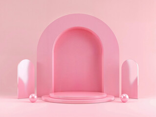 Pink arch podium with spherical accents on a matching pink background. Modern minimalist product display with geometric shapes for design and advertising.