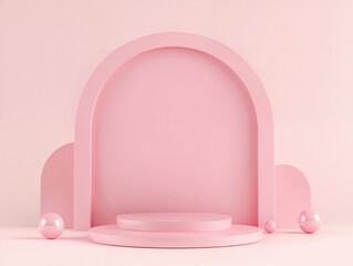 Pink arch podium with spherical decorations on a seamless pink background. Contemporary minimalistic display stand for product showcase and retail design.