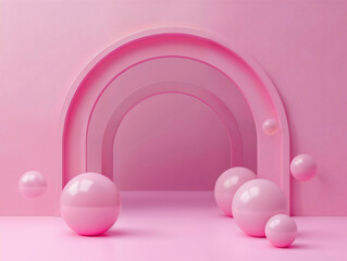 Empty space with pastel pink arch and spheres on a pink background. High quality photo