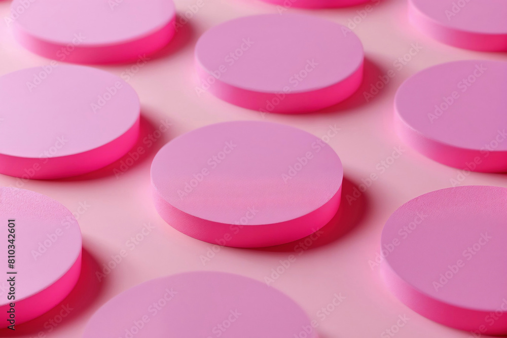 Poster Multiple pink round podiums on a pink surface. Abstract and minimalist design for versatile product displays and contemporary marketing visuals