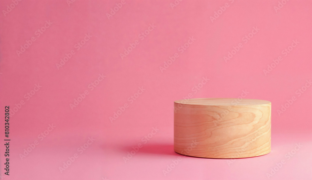 Poster wooden podium on a pink background. minimal product display concept with space for design and print