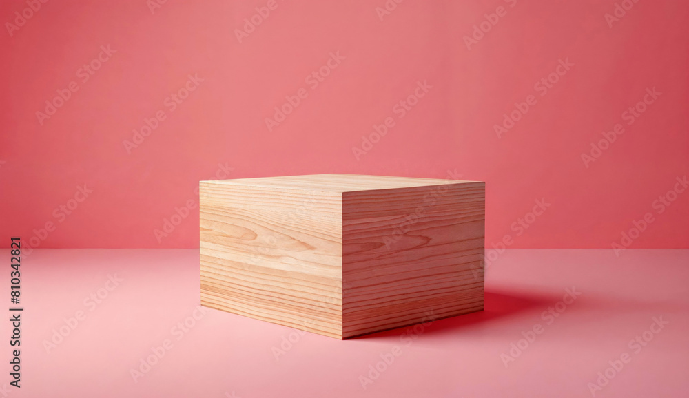 Aufkleber wooden box on pink background. minimalistic style product display for modern retail and branding des