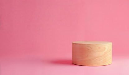 Wooden podium on a pink background. Minimal product display concept with space for design and print