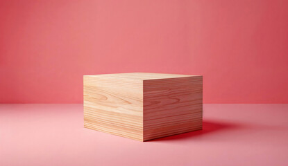 Wooden box on pink background. Minimalistic style product display for modern retail and branding design