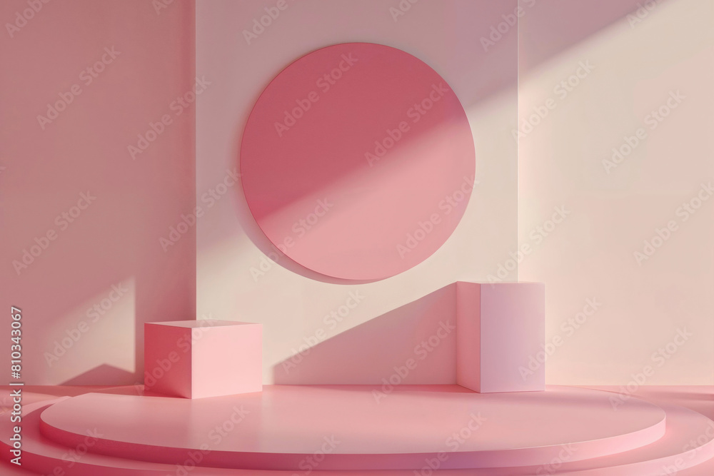 Poster minimalist pink pedestal abstract background with primitive geometrical figures for contemporary des