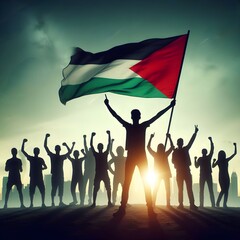 Silhouette of a Palestinian Peoples waving Palestine flag and Celebrating solidarity, Illustration of The flag of the Palestine
