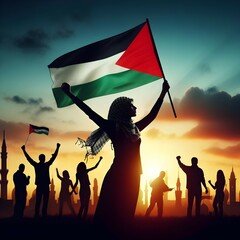 Silhouette of a Palestinian Peoples waving Palestine flag and Celebrating solidarity, Illustration of The flag of the Palestine