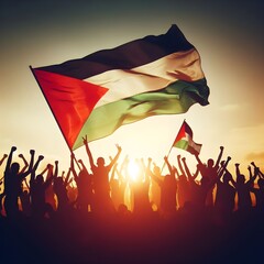 Silhouette of a Palestinian Peoples waving Palestine flag and Celebrating solidarity, Illustration of The flag of the Palestine