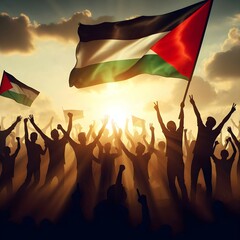 Silhouette of a Palestinian Peoples waving Palestine flag and Celebrating solidarity, Illustration of The flag of the Palestine