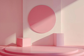 Minimalist pink pedestal abstract background with primitive geometrical figures for contemporary design and display