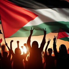 Silhouette of a Palestinian Peoples waving Palestine flag and Celebrating solidarity, Illustration of The flag of the Palestine