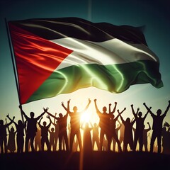 Silhouette of a Palestinian Peoples waving Palestine flag and Celebrating solidarity, Illustration of The flag of the Palestine