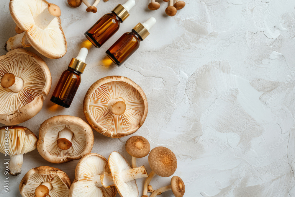 Wall mural overhead view of essential oil dropper bottle with mushrooms. health product bottle mockup