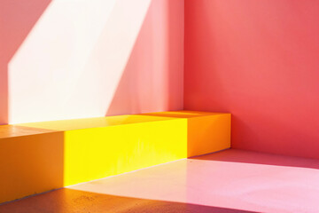 Yellow podium in a room with pink walls and contrasting sunlight shadows. Modern minimalist display concept for product showcasing with dynamic lighting.