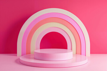 Multilayered colors arches podium on a vibrant pink background. High quality photo