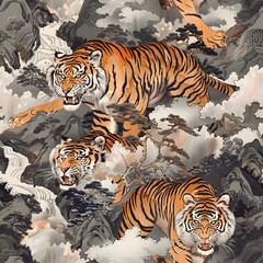 Obraz premium seamless pattern of Japanese ukiyo-e hand drawing illustration of tigers in mysterious and misty forest for fabric design, art print, textiles, wallpaper, and more