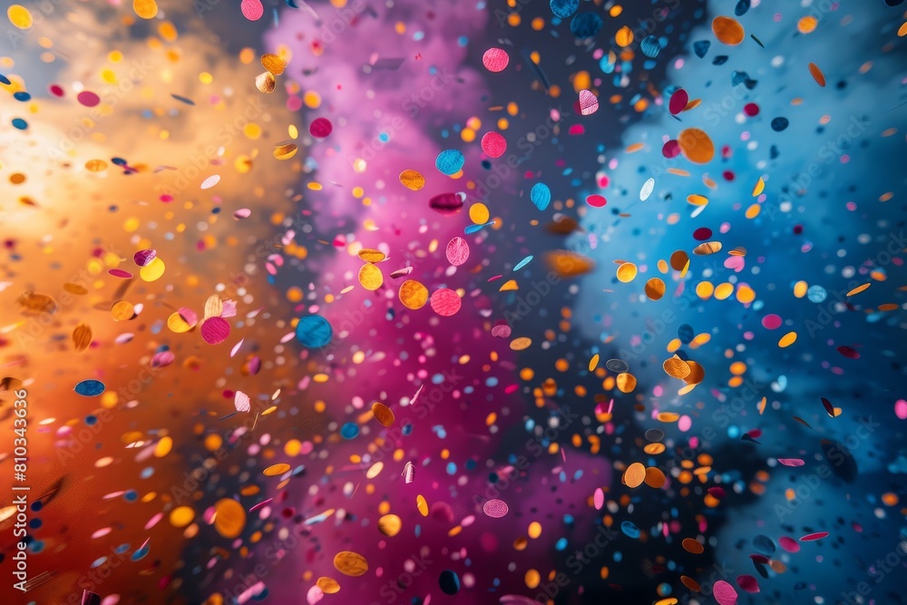 Poster vibrant abstract image showcasing colorful confetti on a gradient backdrop with bokeh effect