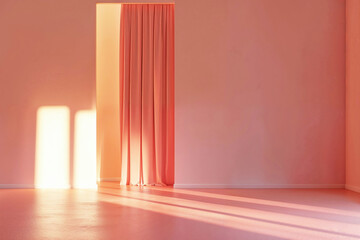 Empty room with red curtains and streaming sunlight. Minimalist interior design concept with space for text, ideal for theatrical or event backgrounds