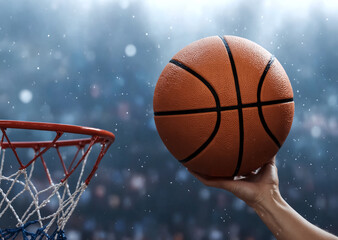 A basketball heading for the hoop.