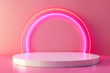 White circular podium with neon pink glow on a pink background. Futuristic display concept with vibrant lighting for product presentation