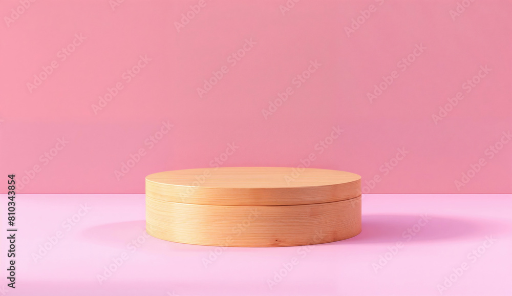 Aufkleber Wooden round podium on a pink background. Minimal product display concept with space for design and print