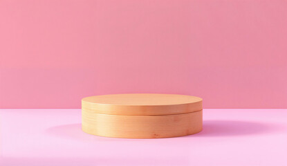 Wooden round podium on a pink background. Minimal product display concept with space for design and print