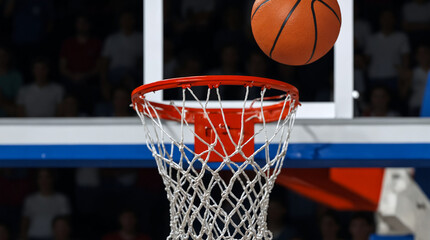 A basketball heading for the hoop.