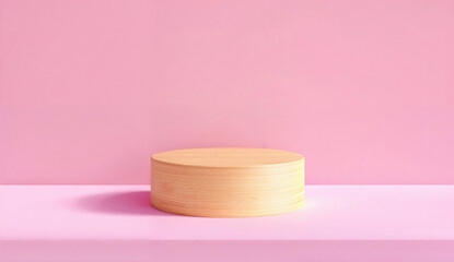 Wooden podium on pink background. Minimal style product display stand for modern advertising and contemporary retail design.